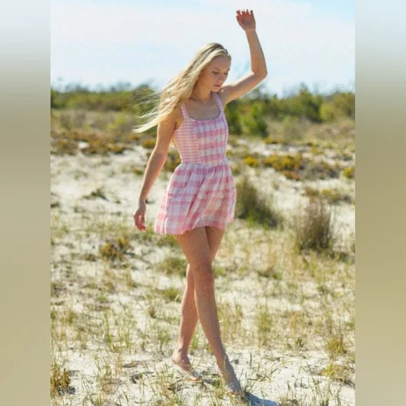 LoveShackFancy Chennedy Gingham Pleated Mini Dress In Pink Size 6 - Picture 2 of 13